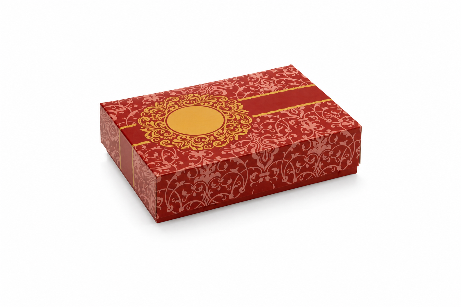 Red sweet box with an ornate gold foil damask print and centre medallion